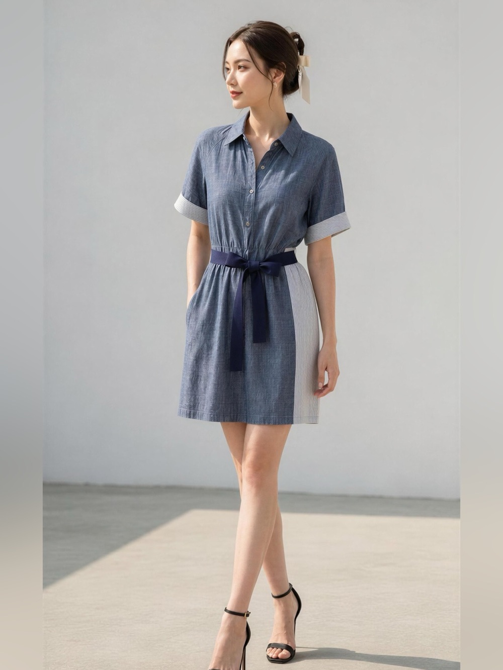 Jason Wu Blue Chambray Midi Dress with White Pinstripe Panel